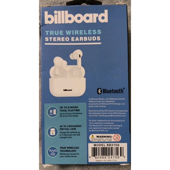 Billboard True Wireless Stereo Earbuds White Bluetooth Extreme Bass W Case - Picture 2 of 3